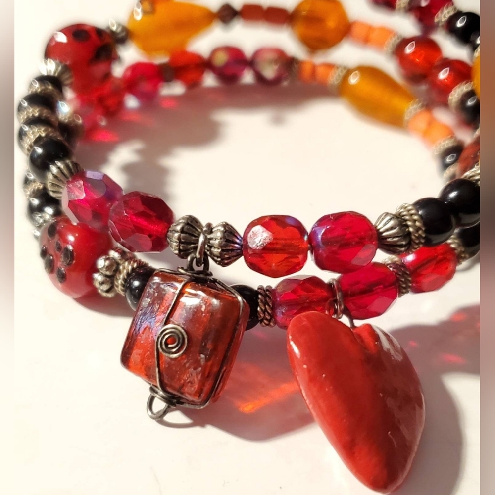 Red Glass Red Heart Ladybug Black Bead Orange Design Memory Wire Bracelet